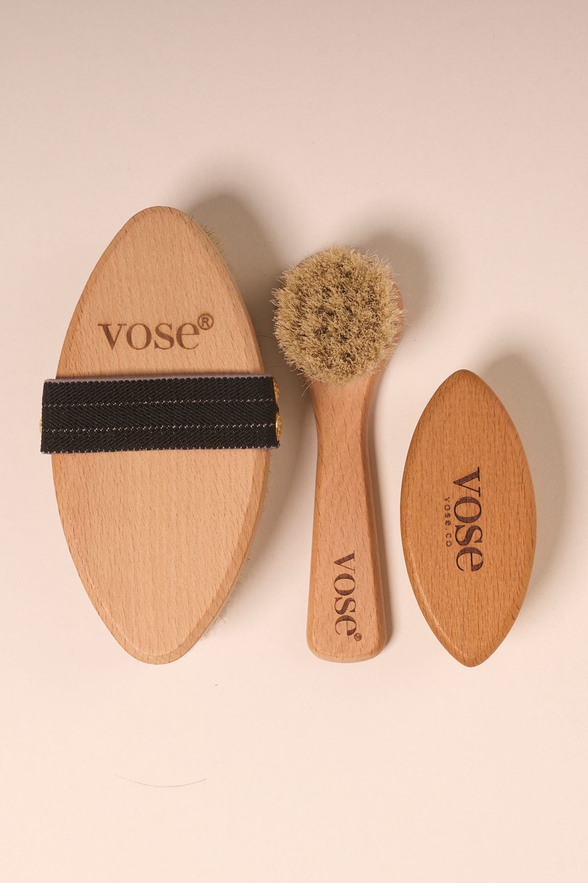 Set of 3 Natural Horse Hair Cellulite Brush (Black Rose) + Face Brush + Nail Brush