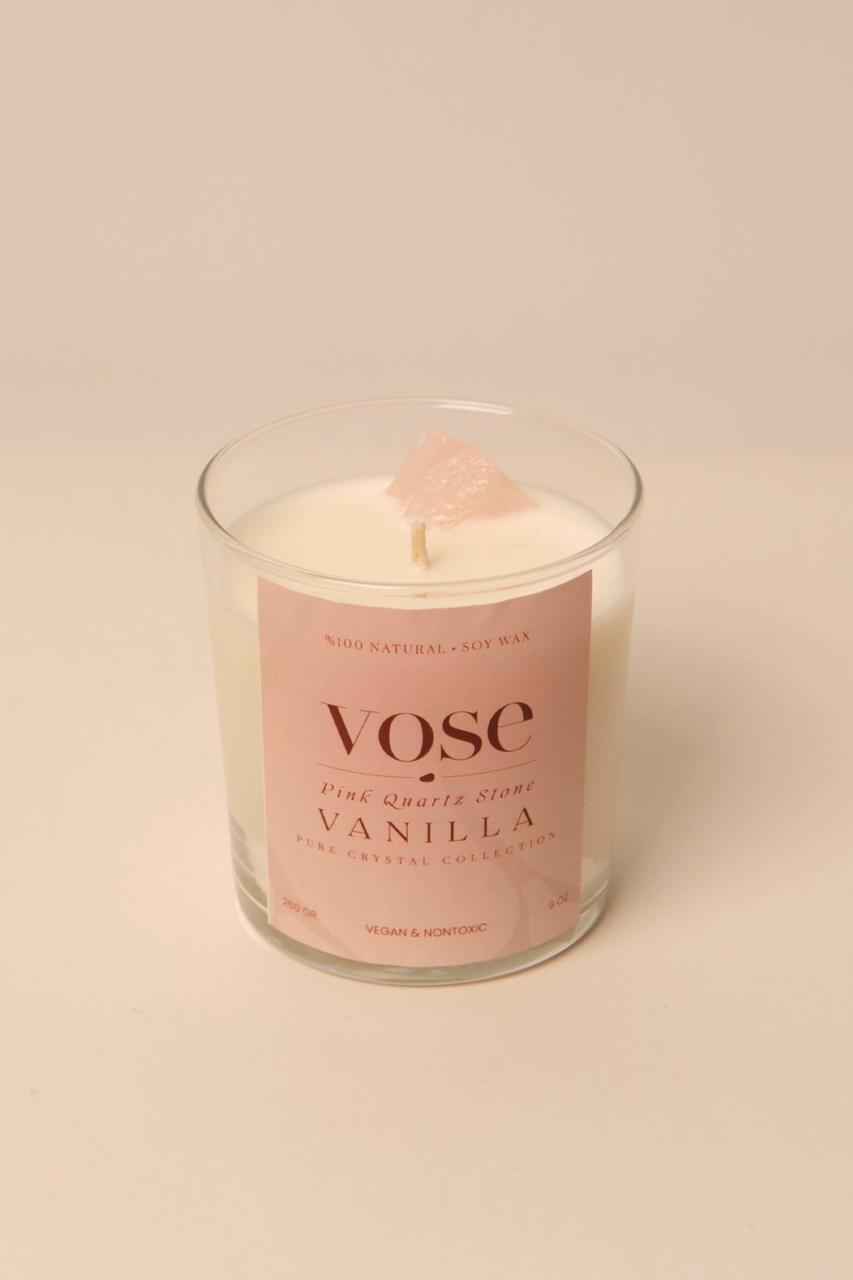 Vose Rose Quartz Stone Vanilla Scented Natural Soy Candle