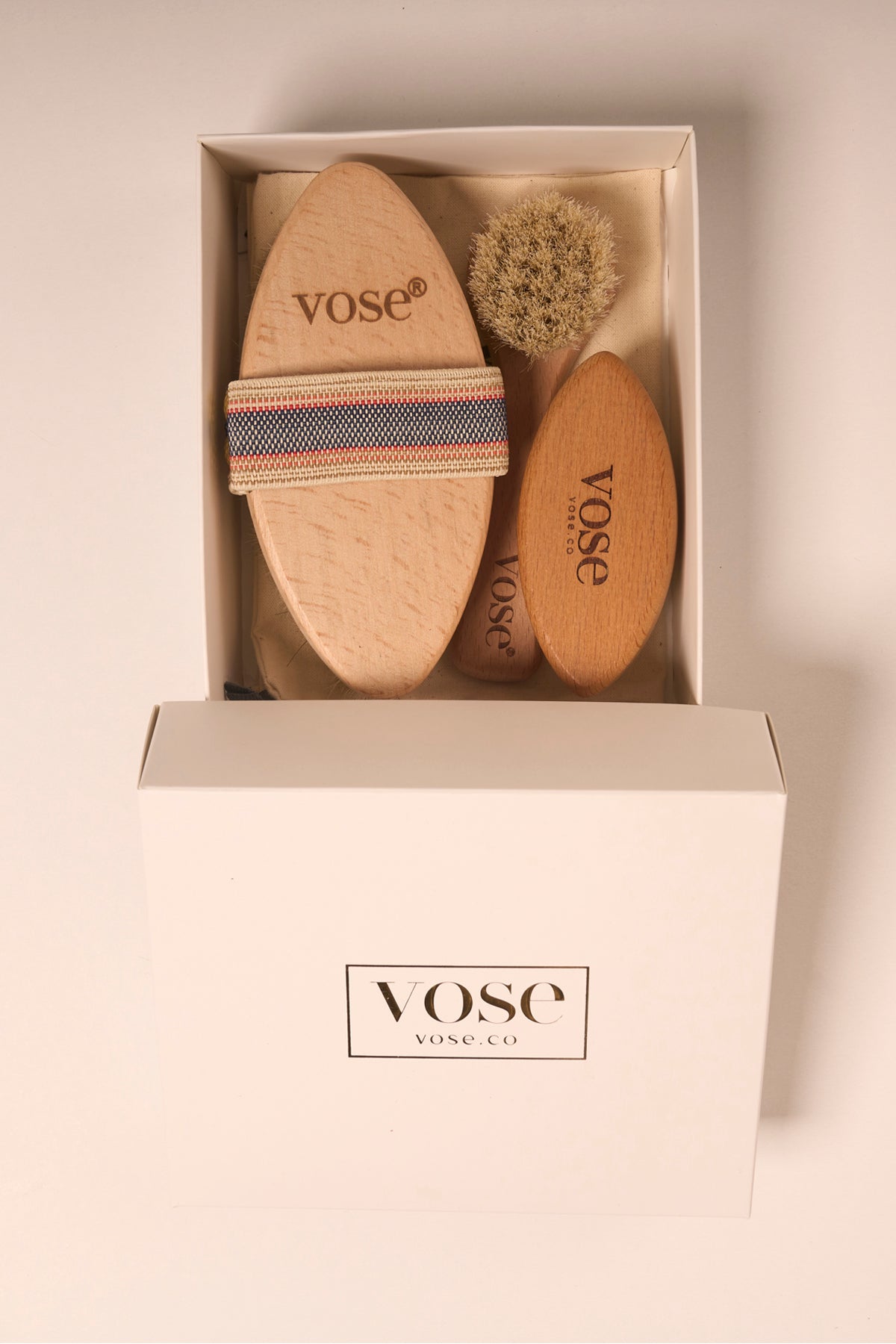 Set of 3 Natural Horse Hair Cellulite Brush (Magnolia) + Face Brush + Nail Brush